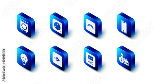 Set Electrical outlet, Inductor in electronic circuit, Mobile phone, Nuclear power plant, Lamp, Creative lamp light idea and Washer icon. Vector