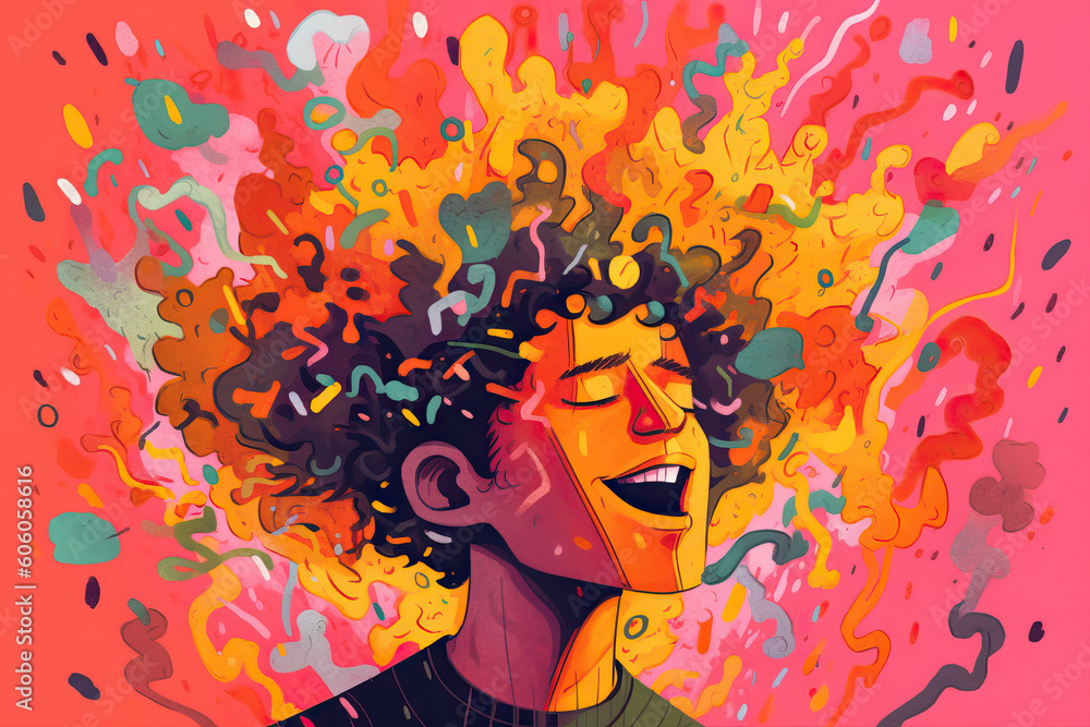 Generative AI illustration of satisfied man with multicolored abstract hair and closed eyes representing concept of mental health problems Generative AI illustration of satisfied man with multicolored abstract hair and closed eyes representing concept of mental health problems