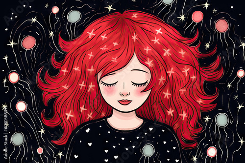 Generative AI illustration of calm woman with red hair and closed eyes against black background with abstract figures with mental health concept photo