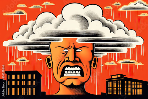 Generative AI illustration of abstract angry man with cloud on head on background with buildings representing concept of mental health problems photo