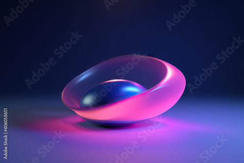 Generative AI illustration of sleek round oval shaped bowl with bright purple neon light on blue background in studio photo