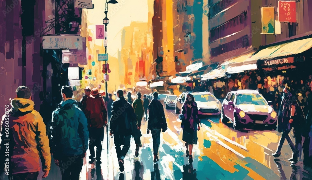 people walking in colorful of city street, illustration painting, Generative AI 