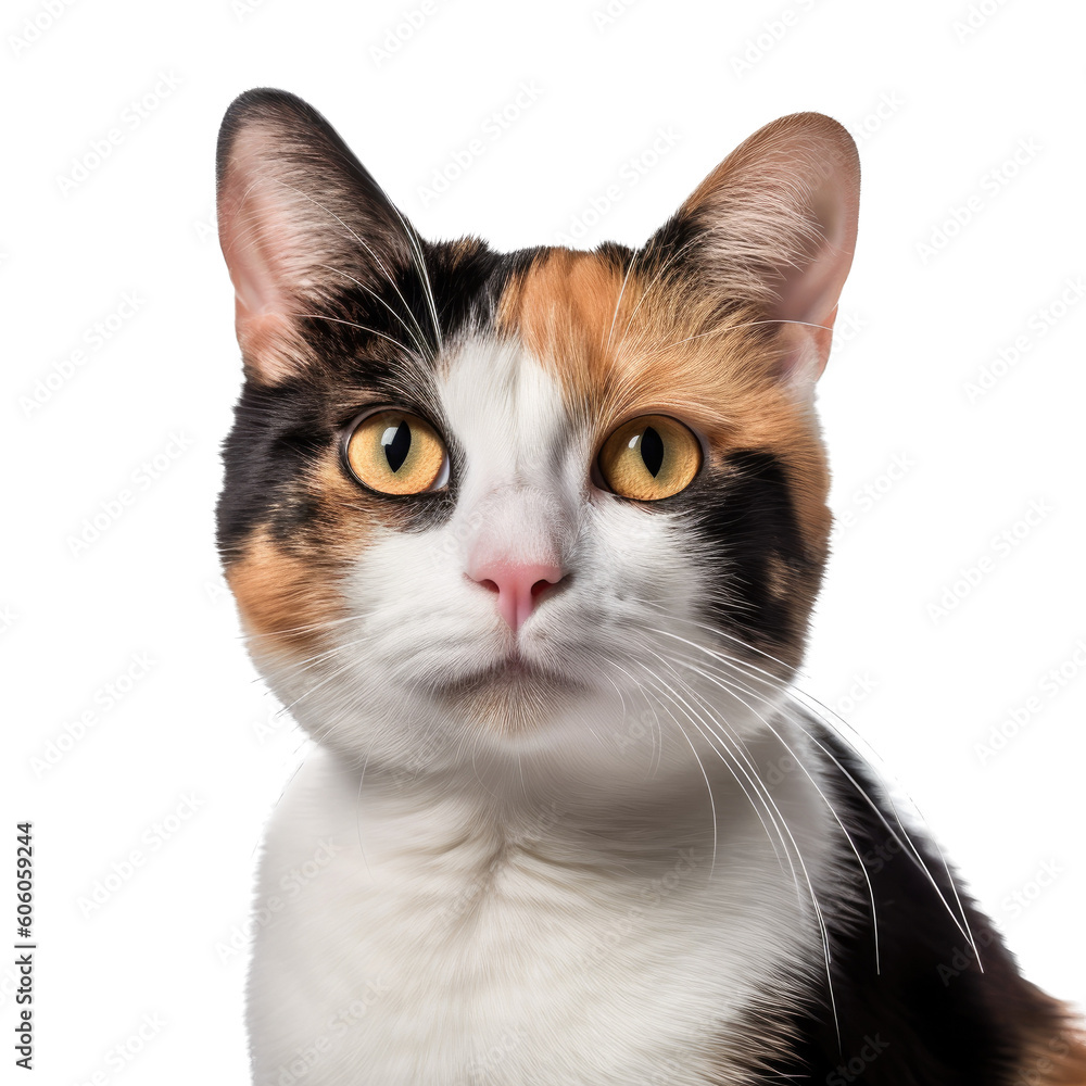 a Calico cat, portrait, side and 3/4 view, fluffyl and furry pet, Pet-themed, photorealistic illustrations in a PNG, cutout, and isolated. Generative AI a Calico cat, portrait, side and 3/4 view, fluffyl and furry pet, Pet-themed, photorealistic illustrations in a PNG, cutout, and isolated. Generative AI