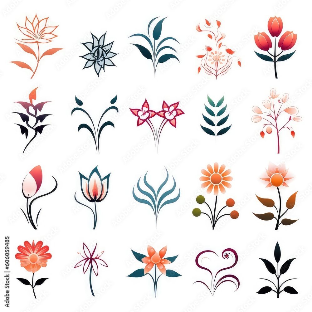 A Collection of Floral Icons and Symbols, set of flowers and leaves