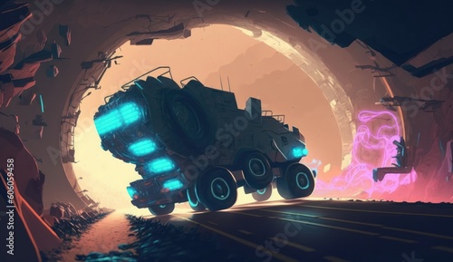 sci-fi concept of the gun truck drives through futuristic tunnel, digital art style, illustration painting, Generative AI photo