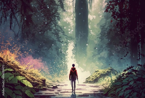 the man walking in beautiful forest with digital art style, illustration painting, Generative AI