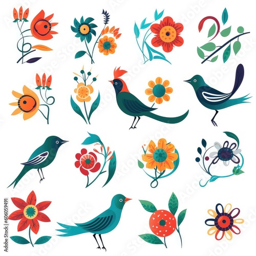 A Collection of Floral Icons and Symbols, birds and flowers