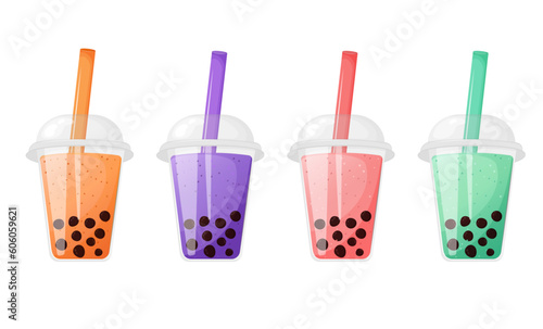 Different color bubble tea in a plastic cup set. Asian tea, soft boba drinks with tapioca.