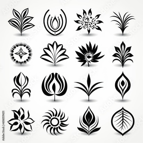  Simplified and Stylized Floral Icons and Symbols, set of black and white elements