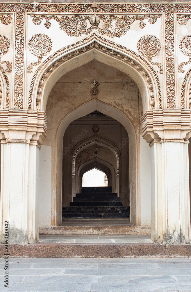 Entrance to a tomb building in Qutb Shahi Archaeological Park, Hyderabad, India
