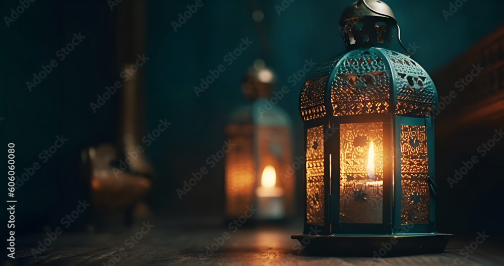 Ramadan lamps lit up against background of AI-generated illuminated decorative lighting banner for Islamic New Year Ramadan lamps lit up against background of AI-generated illuminated decorative lighting banner for Islamic New Year