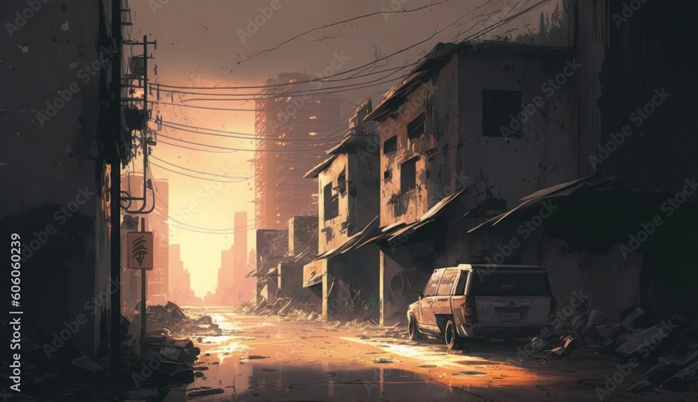 scenery of dirty street in abandoned city at sunset with digital art style, illustration painting, Generative AI scenery of dirty street in abandoned city at sunset with digital art style, illustration painting, Generative AI