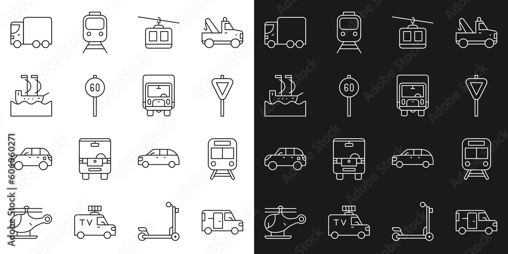 Set line Minibus, Train and railway, Road traffic signpost, Cable car, Speed limit, Sailboat, Delivery cargo truck and icon. Vector Set line Minibus, Train and railway, Road traffic signpost, Cable car, Speed limit, Sailboat, Delivery cargo truck and icon. Vector