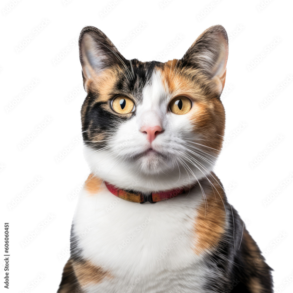 a Calico cat, portrait, side and 3/4 view, fluffyl and furry pet, Pet-themed, photorealistic illustrations in a PNG, cutout, and isolated. Generative AI a Calico cat, portrait, side and 3/4 view, fluffyl and furry pet, Pet-themed, photorealistic illustrations in a PNG, cutout, and isolated. Generative AI