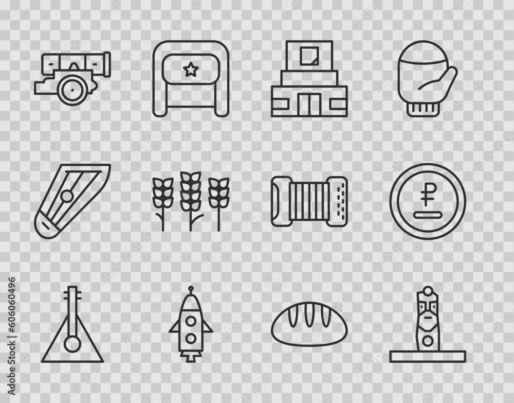 Fototapeta premium Set line Balalaika, Slavic pagan idol, Mausoleum of Lenin, Rocket ship, Cannon, Wheat, Bread loaf and Rouble, ruble currency icon. Vector