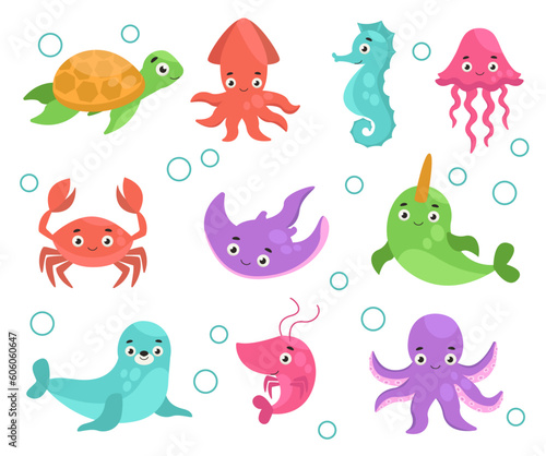 Set of cute sea animals. Turtle, narwhal, fur seal, jellyfish, squid, octopus, shrimp, sea horse, crab, stingray. Sea life. Vector graphic.
