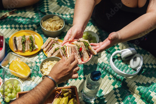 Group of friends enjoying a picnic together in the park