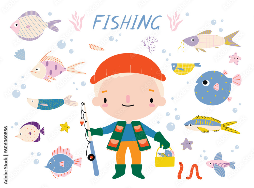 Naklejka premium Vector set on a fishing theme. Fisherman with a fishing rod, a bucket and many types of fish. Collection of vector illustration.