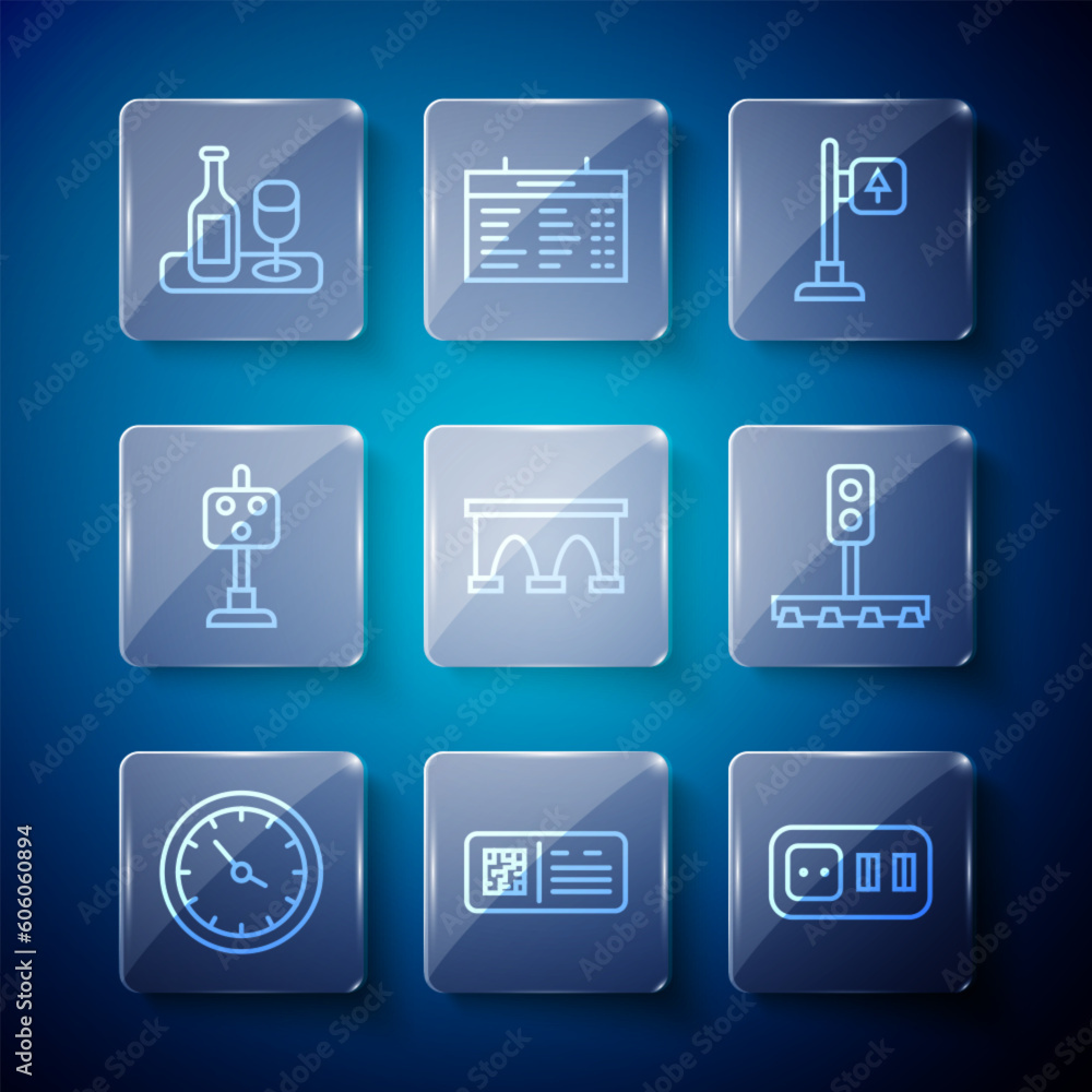 Set line Train station clock, QR code ticket train, Electrical outlet, Road traffic signpost, Bridge for, light, Wine bottle with glass and icon. Vector Set line Train station clock, QR code ticket train, Electrical outlet, Road traffic signpost, Bridge for, light, Wine bottle with glass and icon. Vector