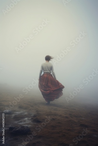 windy landscape with a woman wearing a highlander Scottish kilt skirt and white shirt walking away.