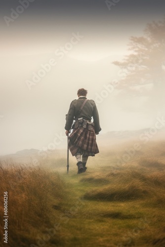 highlander rear view of a man walking away wearing a kilt. © ana