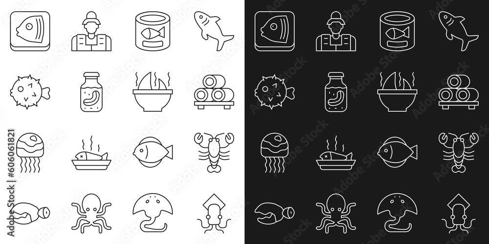 Set line Octopus, Lobster, Sushi on cutting board, Canned fish, Sea cucumber jar, Fish hedgehog, head and Shark fin soup icon. Vector