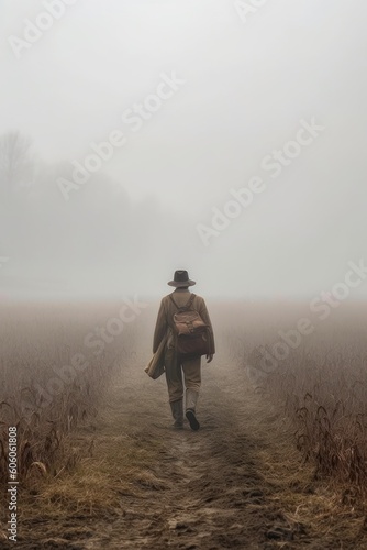 back view of a pilgrim walking away. American pioneer.