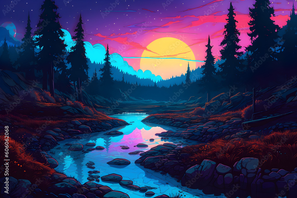 Neon Sunset Landscape Illustration, Generative AI