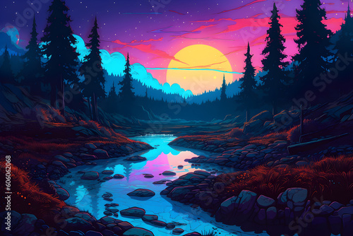 Neon Sunset Landscape Illustration, Generative AI