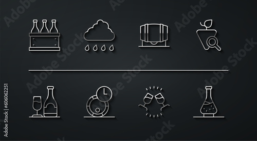 Set line Bottles of wine in box, Wine bottle with glass, Grapes, tasting, degustation, Wooden barrel for, Cloud rain, Decanter and icon. Vector
