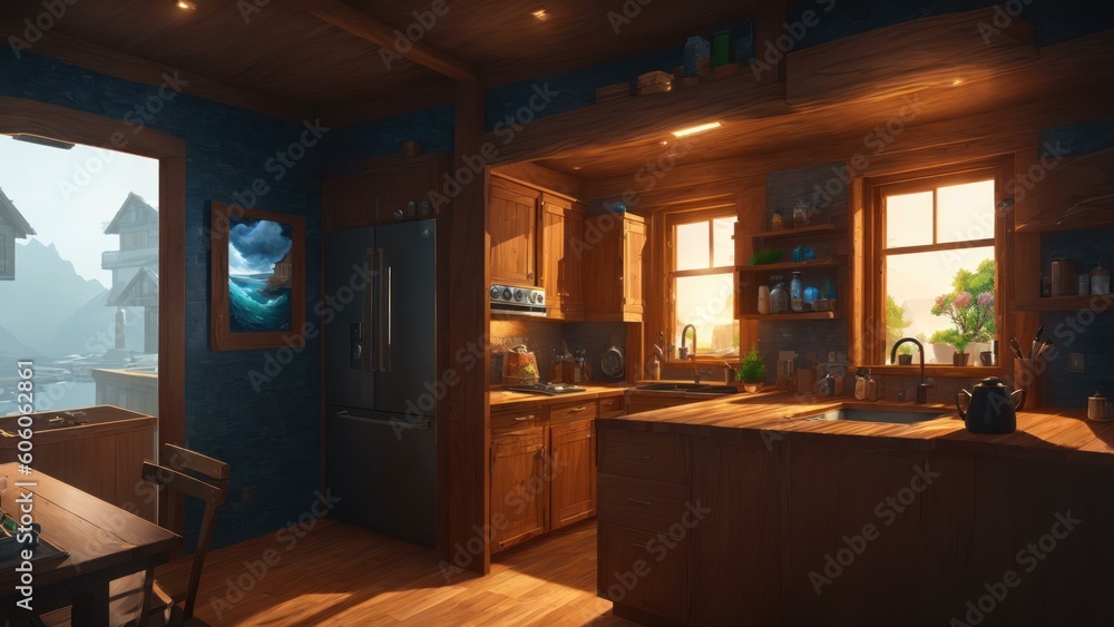 a kitchen with a large window. Ai llustration. digital painting. Generative AI Artificial Intelligence Artwork a kitchen with a large window. Ai llustration. digital painting. Generative AI Artificial Intelligence Artwork