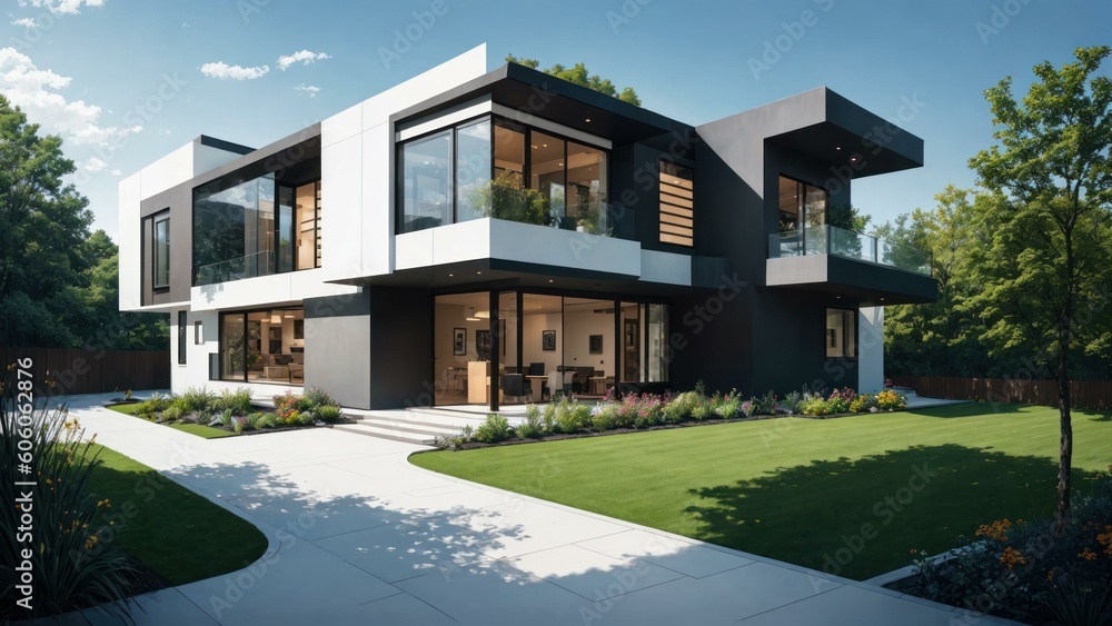 a house with a lawn and a walkway. Ai llustration. digital painting. Generative AI Artificial Intelligence Artwork a house with a lawn and a walkway. Ai llustration. digital painting. Generative AI Artificial Intelligence Artwork