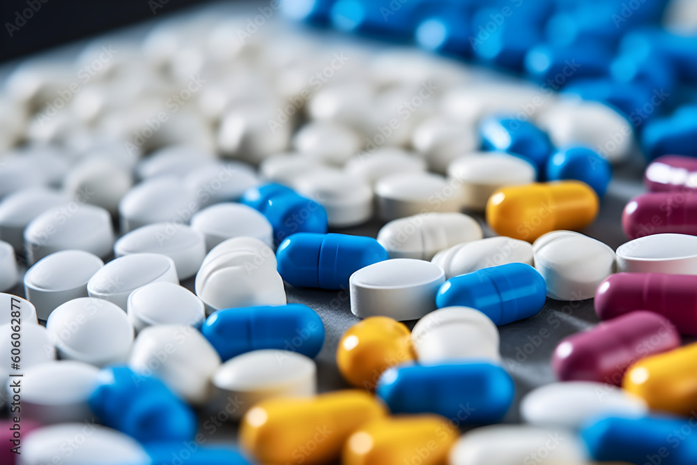 A pile of white, blue and other colored pills. Pills in plastic packaging. Healthcare and medicine concept. A pile of white, blue and other colored pills. Pills in plastic packaging. Healthcare and medicine concept.