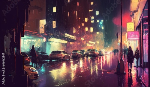 painting of night street with colorful lights, Generative AI