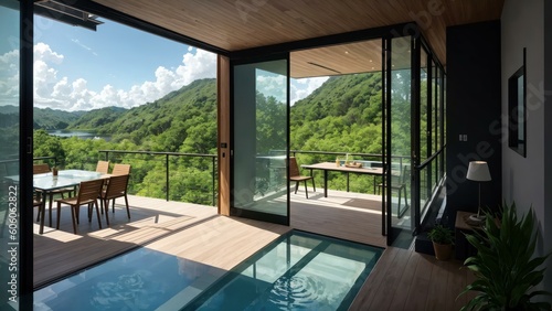 a pool and a deck with a view of a mountain. Ai llustration. digital painting. Generative AI Artificial Intelligence Artwork