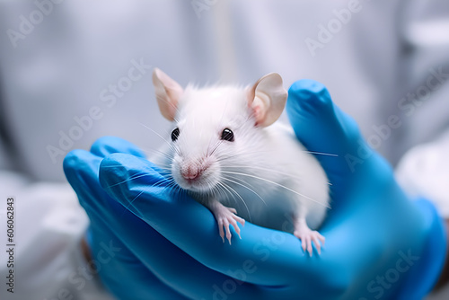  A white laboratory mouse in the hands of a scientist in blue rubber gloves. healthcare and medicine 