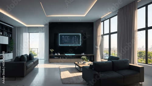 a living room with a large television. Ai llustration. digital painting. Generative AI Artificial Intelligence Artwork