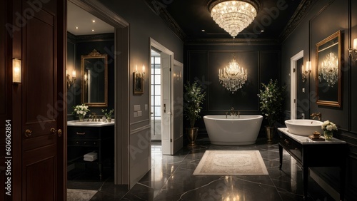 a bathroom with a large tub. Ai llustration. digital painting. Generative AI Artificial Intelligence Artwork