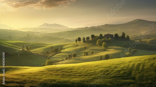 Rolling hills and meadows at sunset. Generative AI