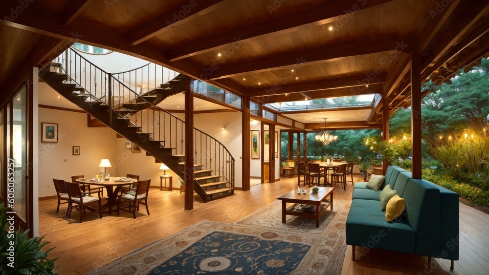 a living room with a wood staircase. Ai llustration. digital painting. Generative AI Artificial Intelligence Artwork a living room with a wood staircase. Ai llustration. digital painting. Generative AI Artificial Intelligence Artwork