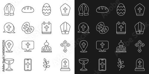 Set line Grave with tombstone, Christian cross, Pope hat, Easter egg, bread, Hands in praying position and Calendar icon. Vector