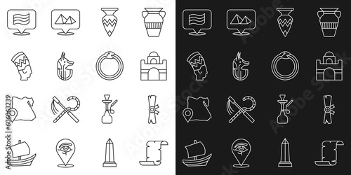 Set line Papyrus scroll, Egyptian house, vase, anubis, Nefertiti, Flag Of and Magic symbol of Ouroboros icon. Vector