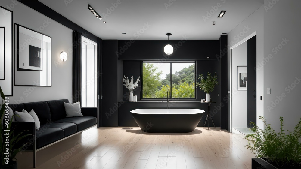 a room with a large tub and a large window. Ai llustration. digital painting. Generative AI Artificial Intelligence Artwork a room with a large tub and a large window. Ai llustration. digital painting. Generative AI Artificial Intelligence Artwork