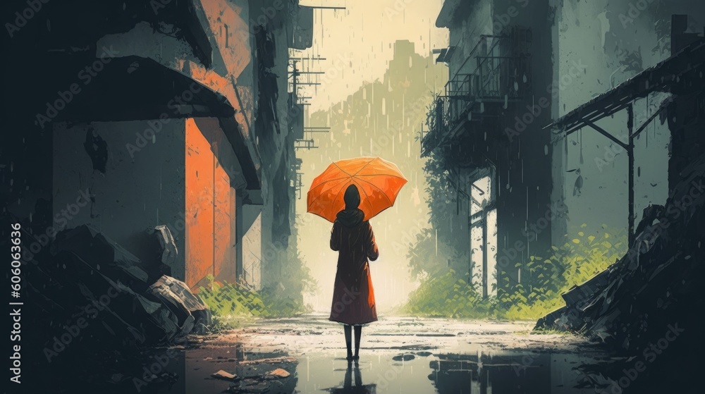 mysterious woman holds orange umbrella standing on street in abandoned city with digital art style, illustration painting, Generative AI