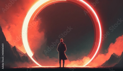 man standing in front of red light circle, digital art style, illustration painting, Generative AI