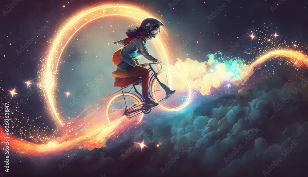 Naklejka premium man with fancy clothes riding bicycle with glowing wheels in outer space, digital art style, illustration painting, Generative AI