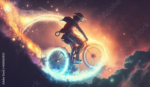man with fancy clothes riding bicycle with glowing wheels in outer space, digital art style, illustration painting, Generative AI