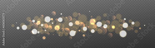 Bokeh light. Gold blurred flares. Bright shining circles and particles. Christmas glowing sparks. Luxury glitter effect. Golden stardust. Vector illustration