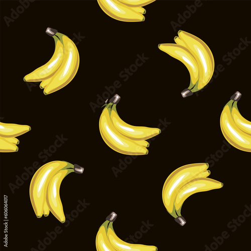 Seamless hand drawn pattern of yellow bananas on a dark background. Graphic print for textiles. Tropical summer stylish vector illustration