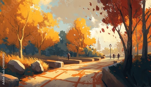path in the autumn park, landscape painting, illustration, Generative AI